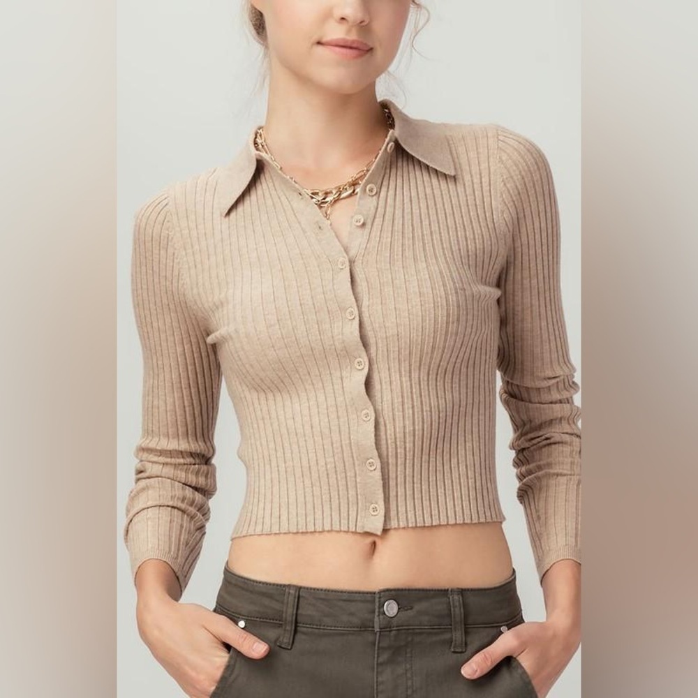 Aeropostale Ribbed Knit Button Up Cardigan | Tan | L